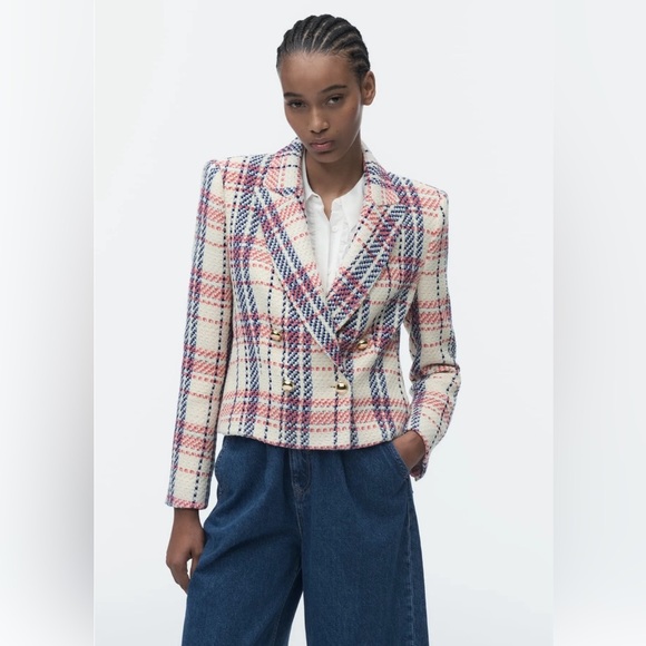 Zara blue, pink and cream plaid tweed double breasted blazer. NWT size M - Picture 2 of 10